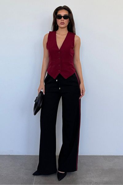 Madmext Black Stripe Detailed Wide Leg Women's Trousers Mg2441