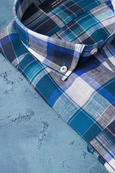 AKÇAYLAR Regular Fit 100% Raw Linen Collar Buttoned Plaid Pocket Summer Shirt