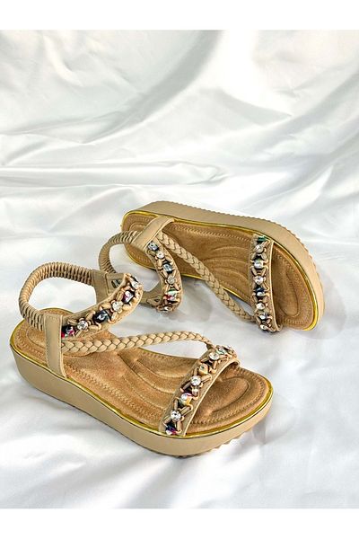 Guja Ba04535 Beige Women's Ankle Stripe Stone Daily Orthopedic Thick Sole Imported Sandals - Beige - 38