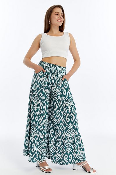 ESPOİRPLUS Women's Petroleum Green Patterned Gathered Lycra Woven Trouser Skirt