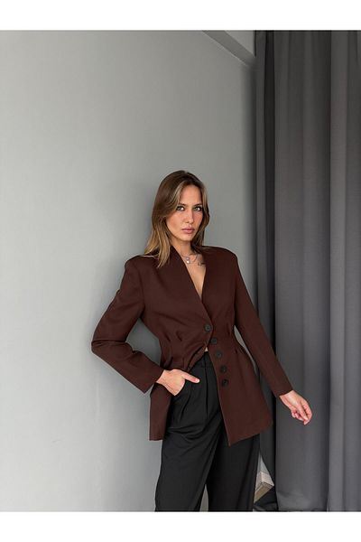 AlisaSu Παλτό Blazer με λαιμόκοψη σε καφέ καφέ με κουμπιά