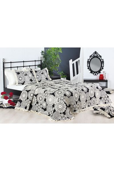 NEEA HOME Nesta Jacquard Woven Black Cream Lace Patterned Double Bedspread 260 X 260 cm