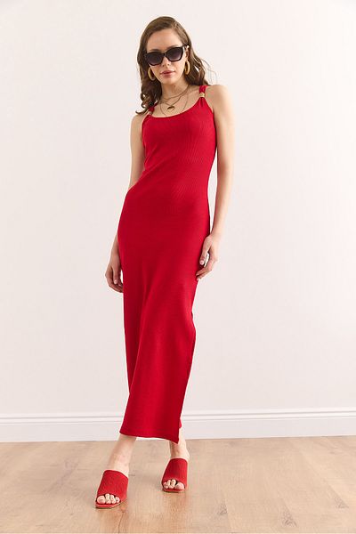 Olalook Women's Red Garnished Slit Cotton Stretchy Knitted Dress Elb-19002403