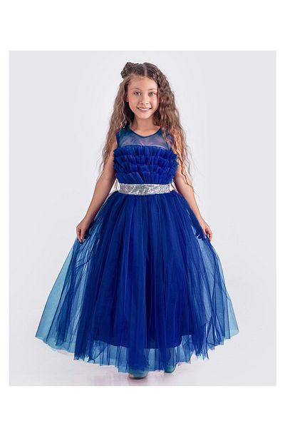 Mnk Baby&Kids Rochie de seara din satin pentru fete - Model Sapes, Spate si Tulle, Bretele, Saks Blue MNK0618
