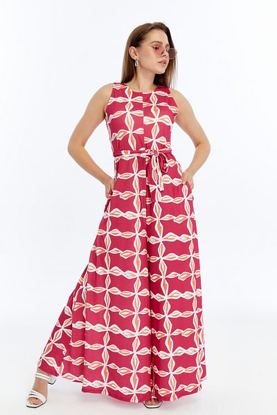 ESPOİRPLUS Pink Pattern Spanish Belted Wide Leg Jumpsuit with Pockets