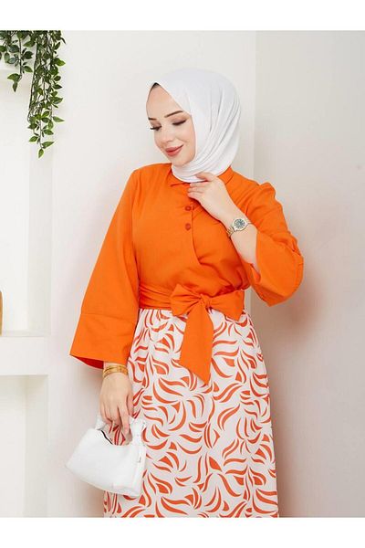 moda periy Women's Summer Seasonal Style Side Tie Tunic Patterned Skirt Suit Hijab Combination