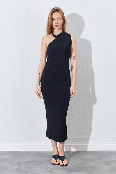 TENA Women's Black One Shoulder Side Draped Sandy Dress
