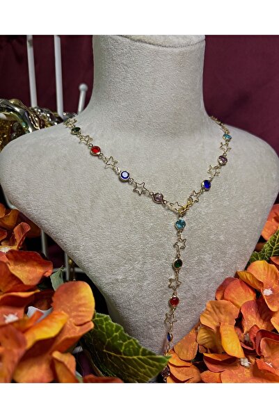 Büşra Shine Aksesuar Renkli Taşlı Yıldız Detaylı Gold Kadın Y Kolye