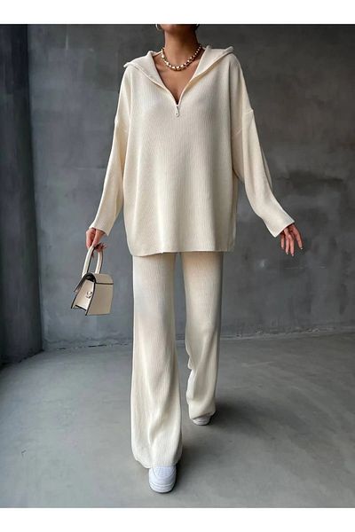 NZL TEKSTİL Dgn's Zipper Detail Trophy 2-Piece Oversized Sweater-Pants Suit