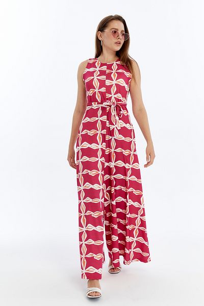 ESPOİRPLUS Pink Pattern Spanish Belted Wide Leg Jumpsuit with Pockets