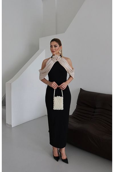 1Moda1Tarz Γυναικείο εισαγόμενο Scuba Crepe ύφασμα λαιμόκοψη Αξεσουάρ Yoryo Chiffon Scarf Λεπτομέρεια Επένδυση Προσαρμοσμένο Σχέδιο Φόρεμα