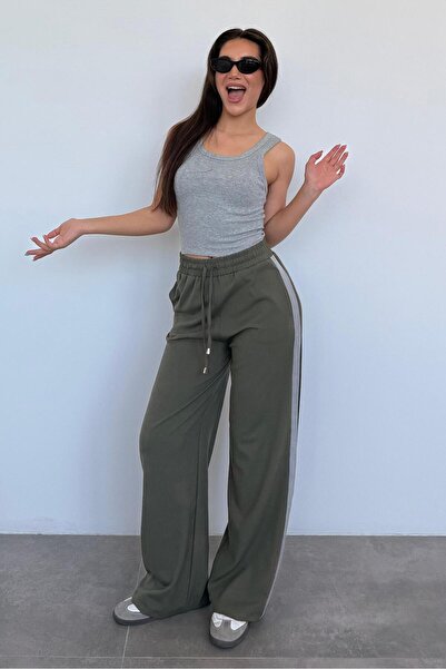 Madmext Khaki Stripe Detailed Wide Leg Women's Trousers Mg2441