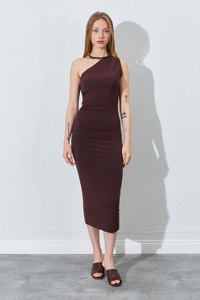 TENA Women's Brown One Shoulder Side Draped Sandy Dress