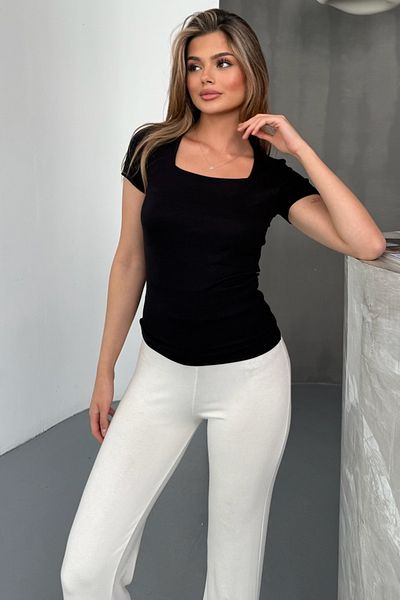 LACHT Women's Black Buzzy Modal Short Sleeve Square Neck Blouse