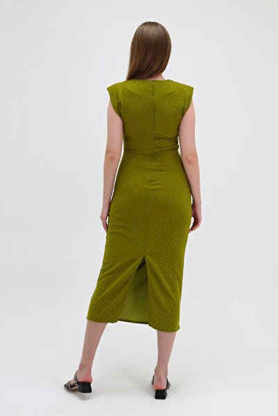 My crasia Crasia Kadın Vatkalı Belden Drapeli Midi Elbise 25162