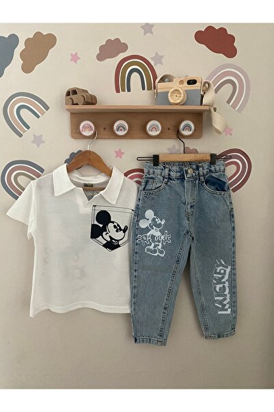 Balbadem baby kids Mıckey pola yaka tişört ve baskılı kot pantolon 2li Erkek ...
