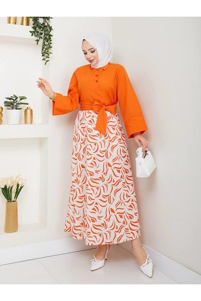 moda periy Women's Summer Seasonal Style Side Tie Tunic Patterned Skirt Suit Hijab Combination