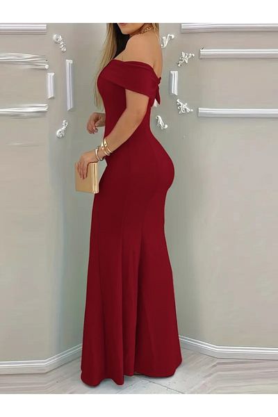 modaserdem Women's Short Sleeve Madonna Collar Waist Fitted Long Imported Crepe Dress