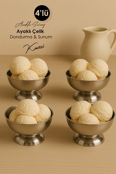 Anadolu Saray 4-Piece 11cm Large Size Steel Ice Cream Presentation Bowl with Footed Round Ice Cream Bowl Turkish Delight Bowl Snack Bowl