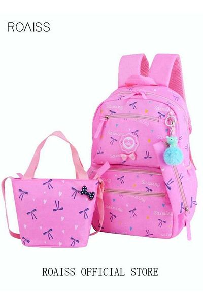 ROAISS Heart and Bowknot Printed Graphic Cute Functional Backpack Set for Kids/Girls