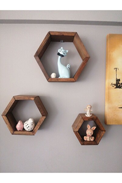 Wooden Factory Ahşap Balpeteği Altıgen 3'lü Duvar Rafı – Dekoratif Modern Raf