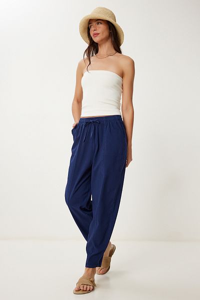 Lovelyİstanbul Striped Comfortable Linen Shalwar Trousers Dark Blue Lmx0080