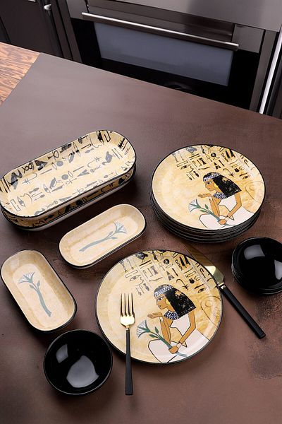 Porselen Diyarı Ethnic Breakfast Set 13 Piece Ceramic Digital Printing Breakfast Set for 6 People & Egyptian Figures