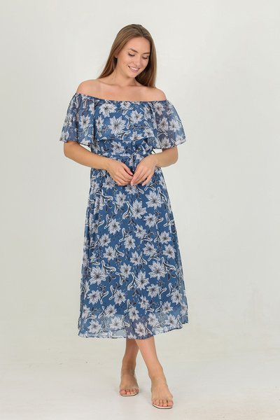 Neşeli Butik Жіноча сукня з коміром-мадонною та поясом з візерунком з шифону ...