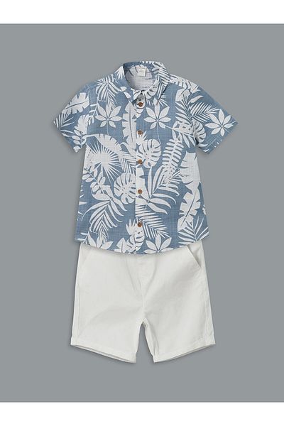 LC Waikiki LCW Kids Indigo Printed Viscose Cămașă și pantaloni scurți pentru băieți 2 buc