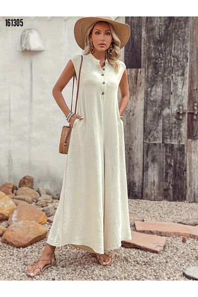 Modayakamoz Women's Wrinkled Long Jumpsuit, Short Sleeve, Buttoned Front to Leg, Wide Pockets