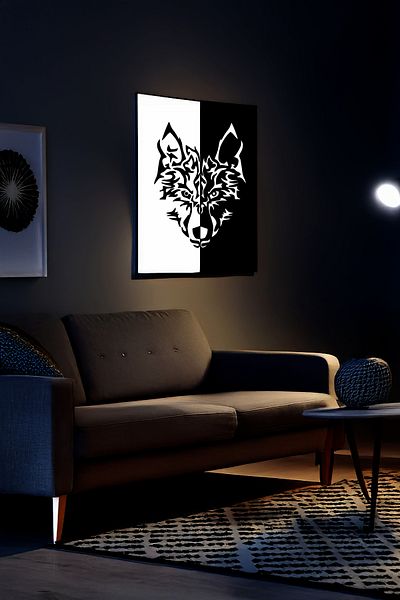 Angels Passion Reflective Wolf Head Plexiglass Painting - Black and White Contrast Background