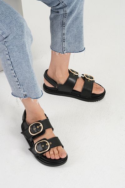 Beyond Women's Black Buckle Double Strap Sandals 3.5cm Byndstrd01