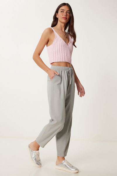 Lovelyİstanbul Striped Comfortable Linen Shalwar Trousers Gray Lmx0080