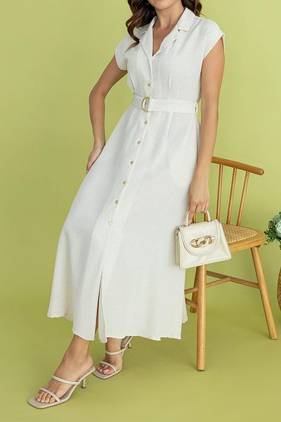 Neşeli Butik Women Midi Length Linen Dress with Belt Nbmy3536