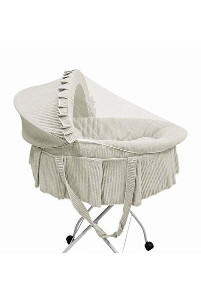 BabyCara Cradle Cotton Fabric Newborn Baby Bed With Foldable Iron Stand With Mosquito Net Beige