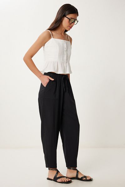 Lovelyİstanbul Striped Comfortable Linen Baggy Trousers Black Lmx0080