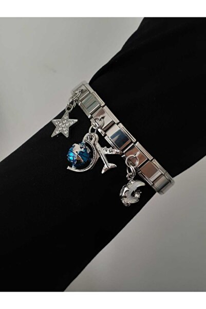 bijoux uniques Uçak&Dünya&Ay&Yıldız Figürlü Çelik italyan charm bileklik