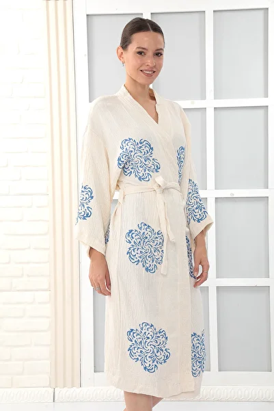 Almir Home 100% Cotton Muslin Kimono New Generation Bathrobe Kaftan Dressing Gown - Hand Printed