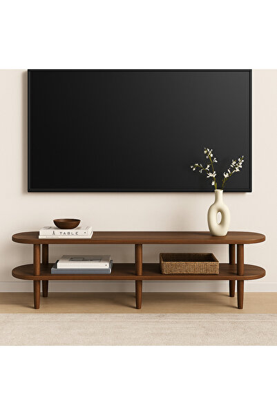 Trihome Kayın Masif Ahşap Oval TV Ünitesi -160x38cm – Modern 2 Katlı Raflı Tasarım Masif TV Ünitesi