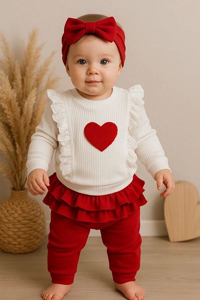 Babydonat Heart Printed Ruffle Detailed 3 Piece Baby Girl Set 100% Cotton