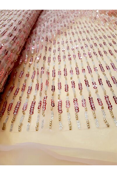 Safir Kumaş Şeker Pembe Taş ve Pul İşlemeli Dantel 2.5 Metre (Astar Dahil)