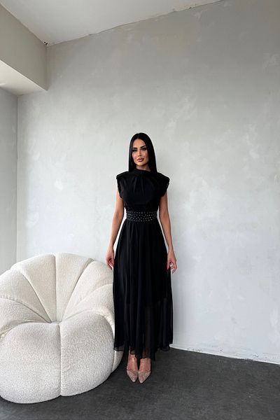 Neşeli Butik Women's Cummerbund Stone Detailed Midi Chiffon Dress Nbmy3509