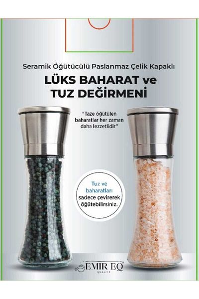 EMİR EQ QUALITY Spice & Salt Mill (2 Pieces-With Ceramic Grinder and Stainless Steel Lid-Glass Body)