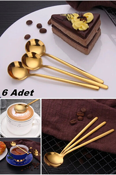 TUMU LIFE 6 Adet Lüx Paslanmaz Çelik Kaşık Gold Uzun Saplı Yuvarlak Tatlı Kaşığı Kahve Dondurma Espresso Kaşık