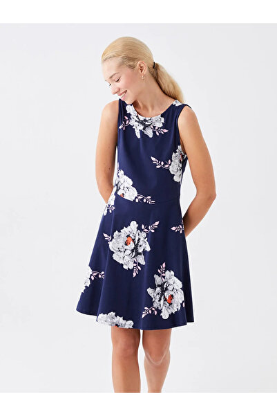 LC Waikiki LCW Vision Mavi Bisiklet Yaka Çiçekli Kadın Elbise