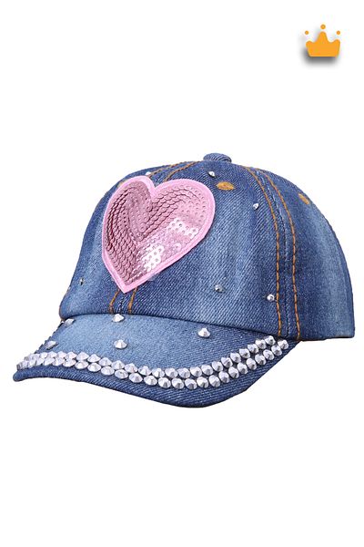 Kitti 2-5 Years 48cm Girl's Stoned Heart Denim Jeans Adjustable Velcro Hat Cap Blue Y91501