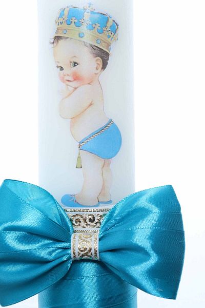 Recostore Lumanare botez cu Bebe Print panglica turcoaz, REC2213