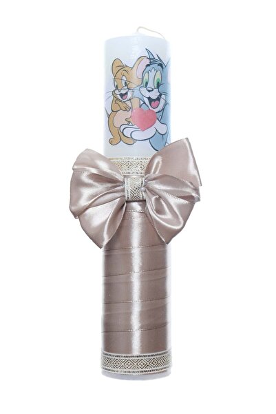 Recostore Lumanare botez cu Tom & Jerry panglica crem, REC2203