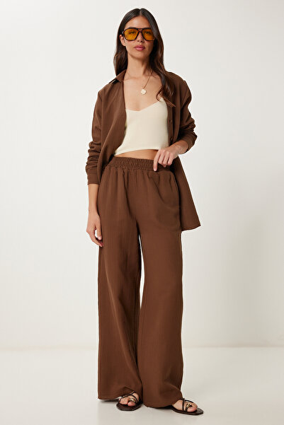 Lovelyİstanbul Linen Muslin Shirt Pants Suit Brown Lcr0078