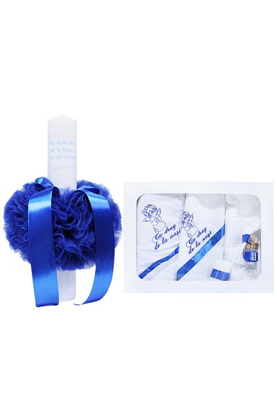 Recostore Set complet botez, lumanare si trusou, alb-albastru electric, REC349